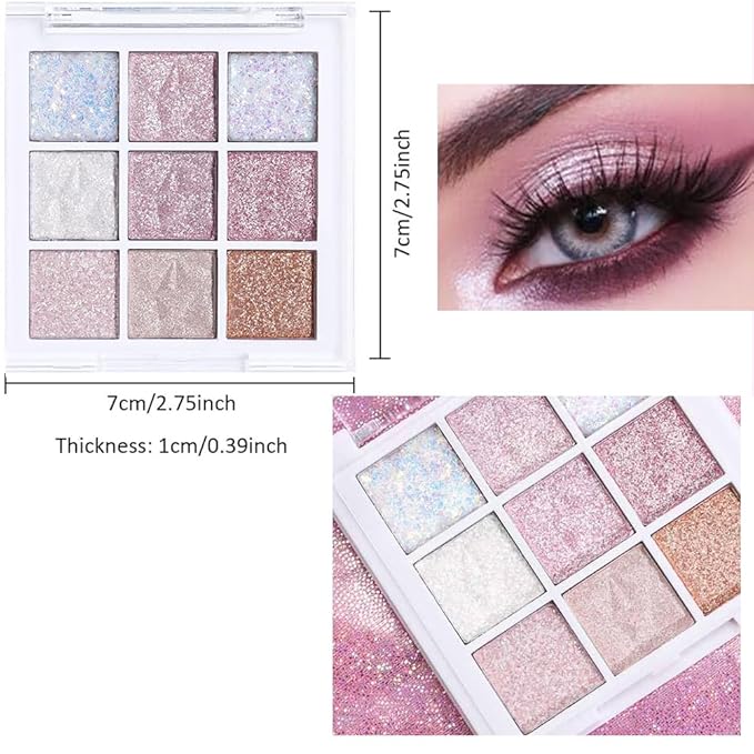 Pink White Glitter Shimmer Sparkle Eye Shadow Palette, Warm Pastel 9 Colors Sparkle eyeshadow Palette Makeup,Colorful Long Lasting Waterproof Naturing-Looking (ice glitter)