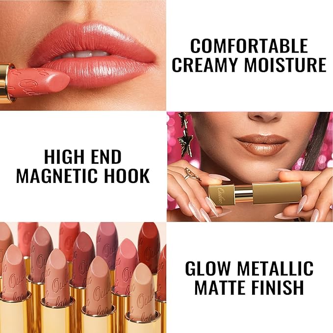Oulac Metallic Coral Lipstick Set 3PCS High Impact Lipcolor with Moisturizing Formula, Vegan Beauty, Full-Coverage Lip Color, Gift Lipstick for Women, 4.3g X 3PCS, GM09+GM11+25