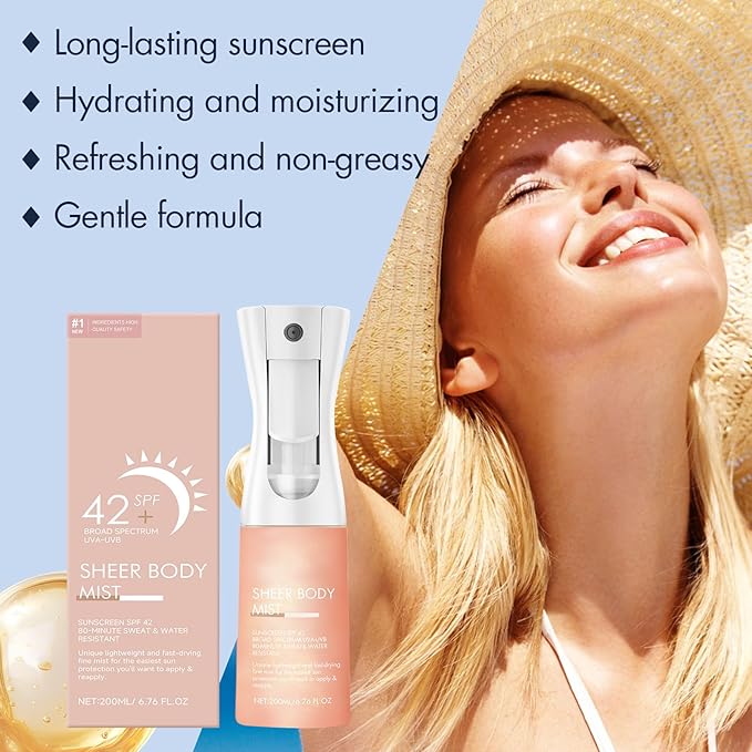 Sunglaze Sheer Body Mist Sunscreen SPF 42, Infused with Shimmering Body Oil, Hydrating Mist, Hydrates, Gives Skin a Glowy Finish, Lightweight, Gives Skin A Glowy Finish(6.7 Fl Oz)