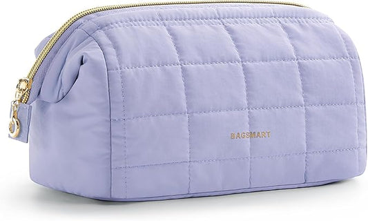 BAGSMART Makeup Bag Cosmetic Bag Wide Open, Purple, M, Wide-open Travel Makeup Bag With Puffy Padded and Rectangular Quilted