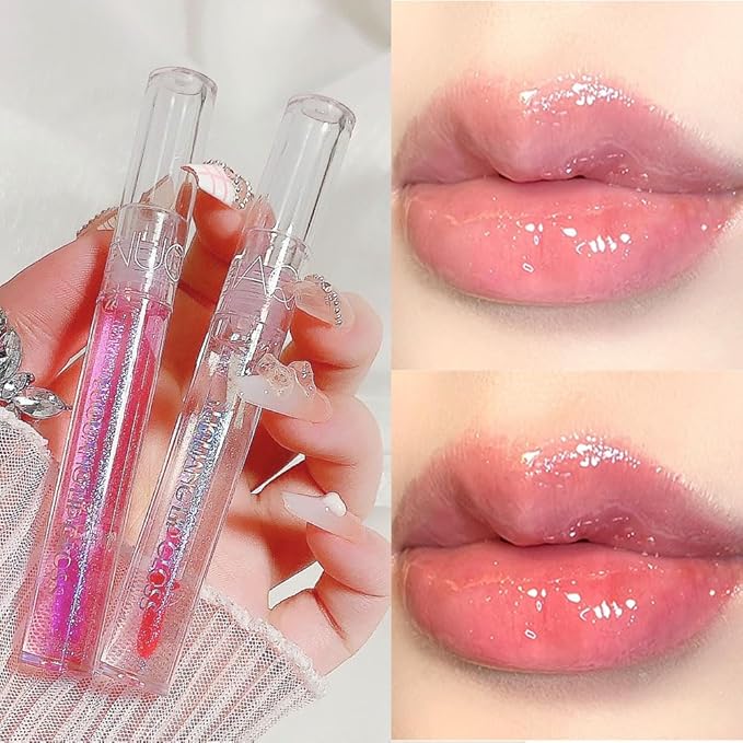 2Pcs Plumping Lip Gloss, Lustrous Dewy Finish Moisturizing Shimmer Color Changing Lip Stain Tinted Lip Balm Long Lasting Nourishing Reduce Lips Lines Plumping Serum Lip Oil Care