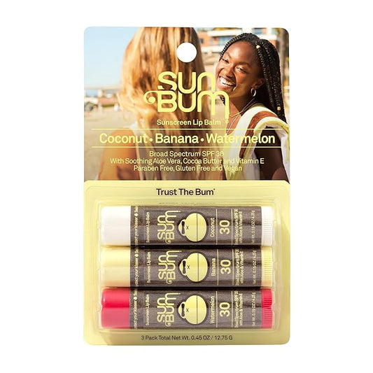 Sun Bum SPF 30 Sunscreen Lip Balm 3 Flavor Variety Pack - Coconut, Banana, Watermelon - Moisturizing Aloe Vera and Vitamin E - Vegan and Cruelty Free - UVA/UVB Lip Protection - 0.15 oz , 3 ct