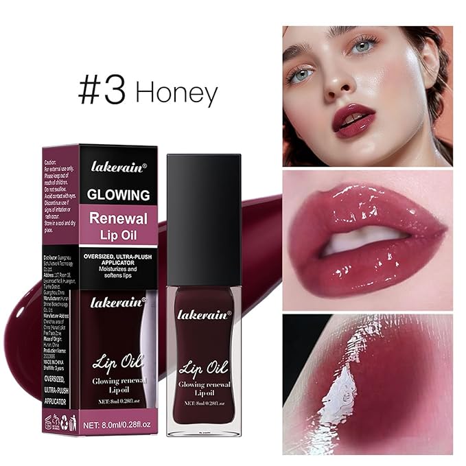 3 Colours Hydrating Lip Tinted Oil, Moisturizing Crystal Jelly Lip Gloss Ultra-Shiny Finish Soften & Smoothes Lips Texture Plumping Liquid Lipstick for Girls and Women