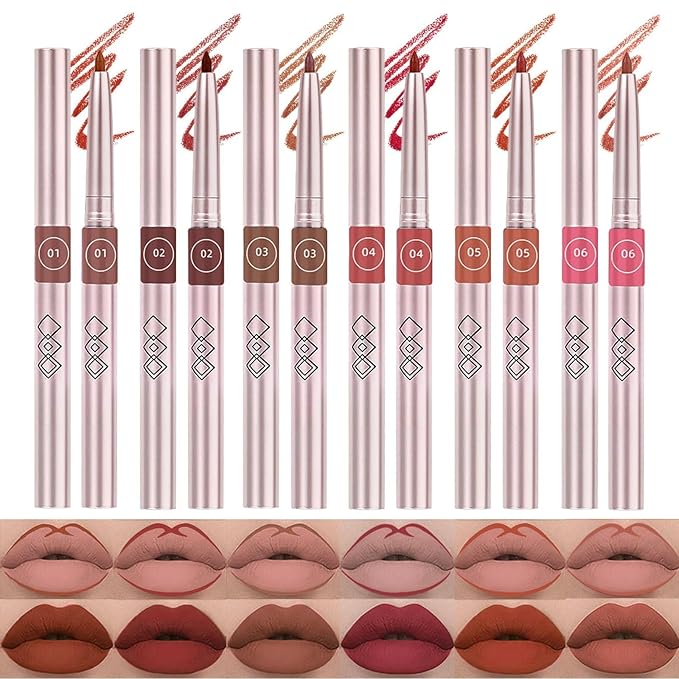 Lip Liner Set, 6 Colors Longwear and Pigmented Matte Lip Pencil Makeup, Smooth Application, Retractable Waterproof Lip Liner