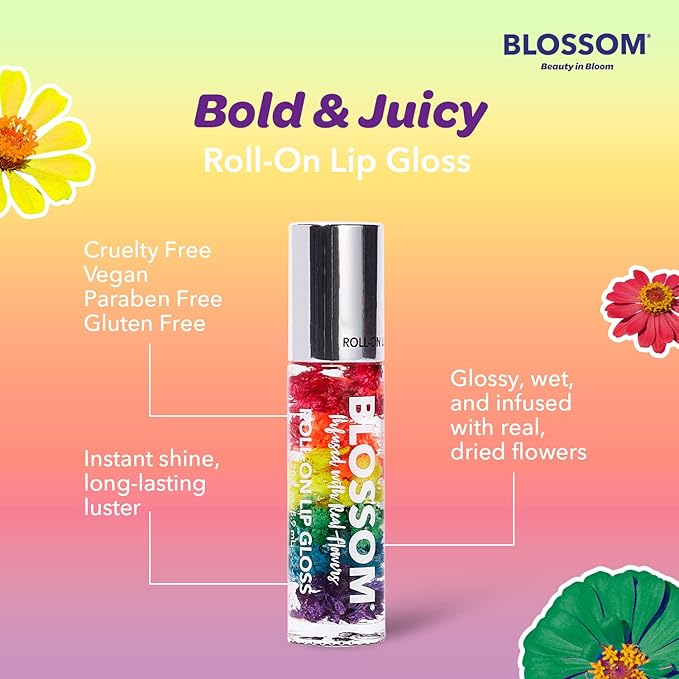 Blossom Roll on Lip Gloss, Scented Clear High Shine Moisturizing Lip Oil, Non Sticky, Infused with Real Flowers, Made in USA, 0.2oz, Strawberry Rainbow