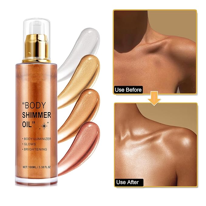 Body Shimmer Oil, Bronze Liquid Illuminator Body Glitter Golden, ) 80ML