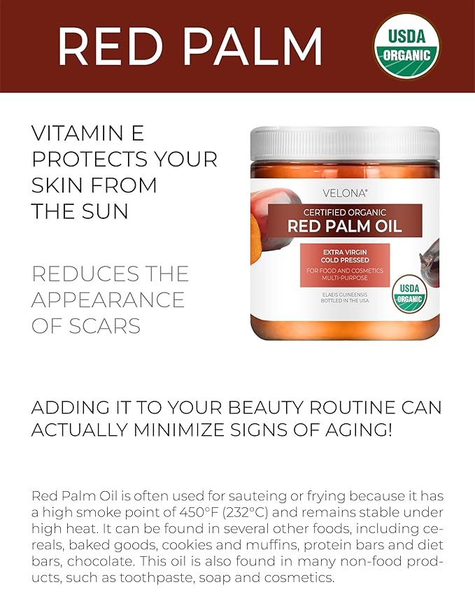 velona USDA Certified Organic Red Palm Oil 16 Fl Oz | Food and Cosmetic Grade | in jar | Extra Virgin, Cold Pressed | Skin, Face, Body, Hair Care | Use Today - Enjoy Results