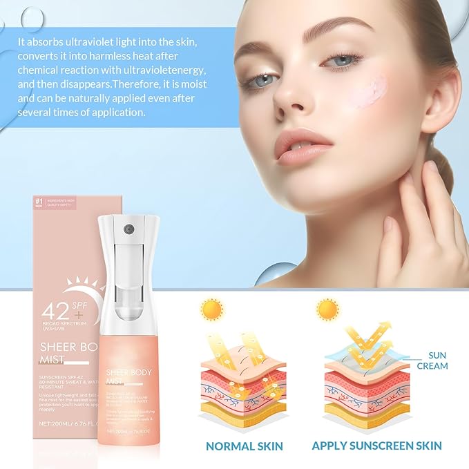 Sunglaze Sheer Body Mist Sunscreen SPF 42, Infused with Shimmering Body Oil, Hydrating Mist, Hydrates, Gives Skin a Glowy Finish, Lightweight, Gives Skin A Glowy Finish(6.7 Fl Oz)
