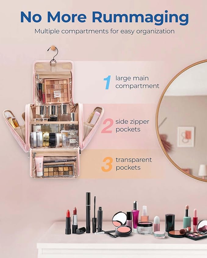 BAGSMART Makeup Bag for Women with Hanging Hook, Large Portable Capacity Water-resistant Organizer Travel Case for Toiletries and Cosmetics, Pink