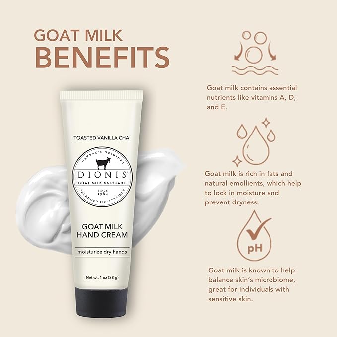 Dionis - Goat Milk Skincare Scented Hand Cream, Travel Size Self Care Moisturizing Lotion For Women, Vitamins & Minerals Hydrate Dry Skin - Cruelty Free, Paraben Free, Vanilla Chai, 1oz Set of 6
