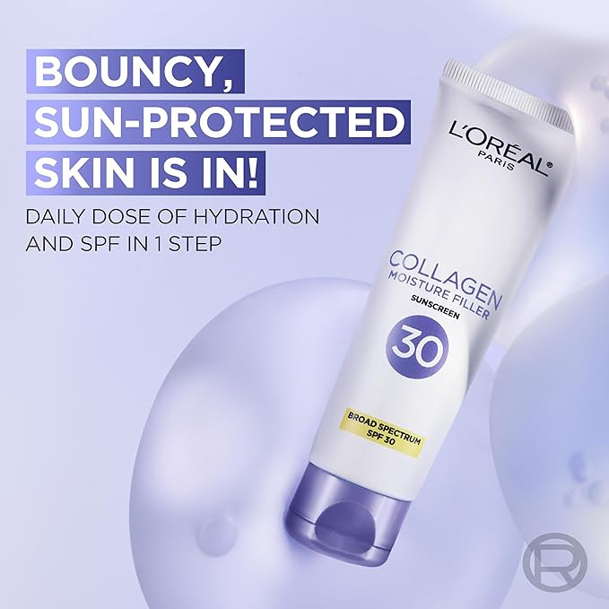 L'Oreal Paris Collagen Moisture Filler Face Cream with Broad Spectrum SPF 30, Anti-Aging Face Moisturizer and Daily Sunscreen For Face, Includes Face Serum Sample, Clear
