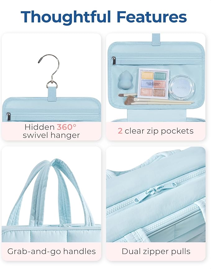 BAGSMART Travel Toiletry Bag with Jewelry Organizer, Hanging Travel Bag for Toiletries, Puffy Makeup Cosmetic Bag Organizer, Carry-on Travel Accessories Essentials, Light Blue-L