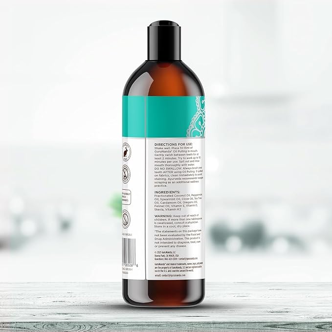 GuruNanda CocoMint Oil Pulling Mouthwash for Complete Oral Hygiene, 7 Essential Oils & Vitamins for Happy Teeth & Gums & Fresh Breath, Alcohol-Free, 16 oz