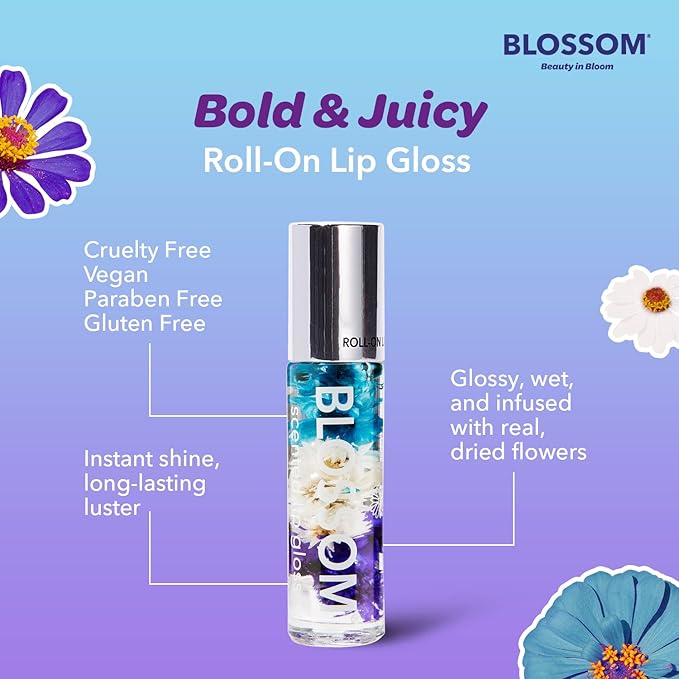 Blossom Roll on Lip Gloss, Scented Clear High Shine Moisturizing Lip Oil, Non Sticky, Infused with Real Flowers, Made in USA, 0.2oz, Raspberry