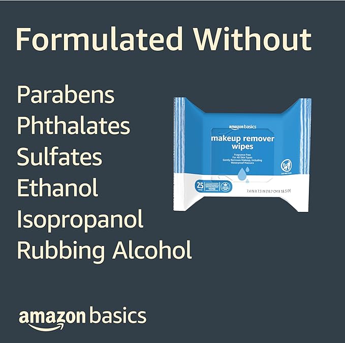 Amazon Basics Make Up Remover Wipes, Fragrance Free, 25 Count, Pack of 6 (Previously Solimo)