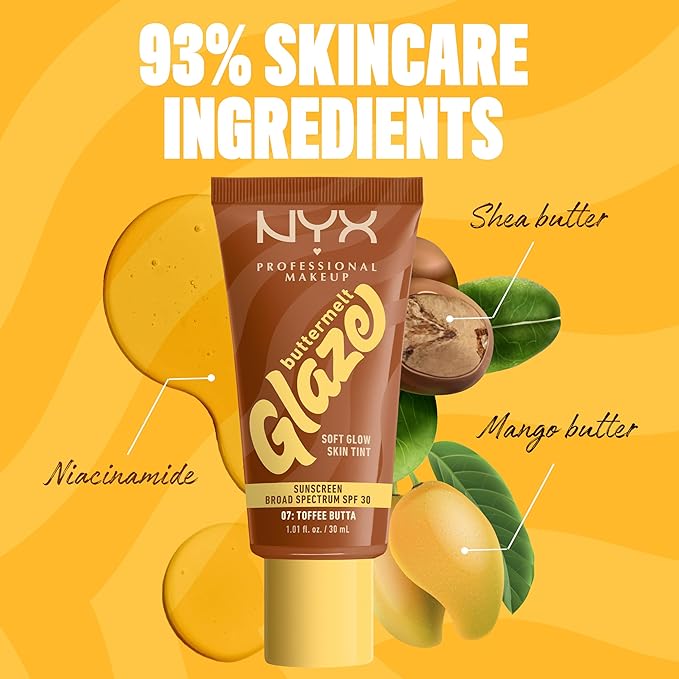 NYX PROFESSIONAL MAKEUP Buttermelt Glaze Soft Glow Skin Tint + SPF 30, Up To 12HR Wear, 07 Toffee Butta