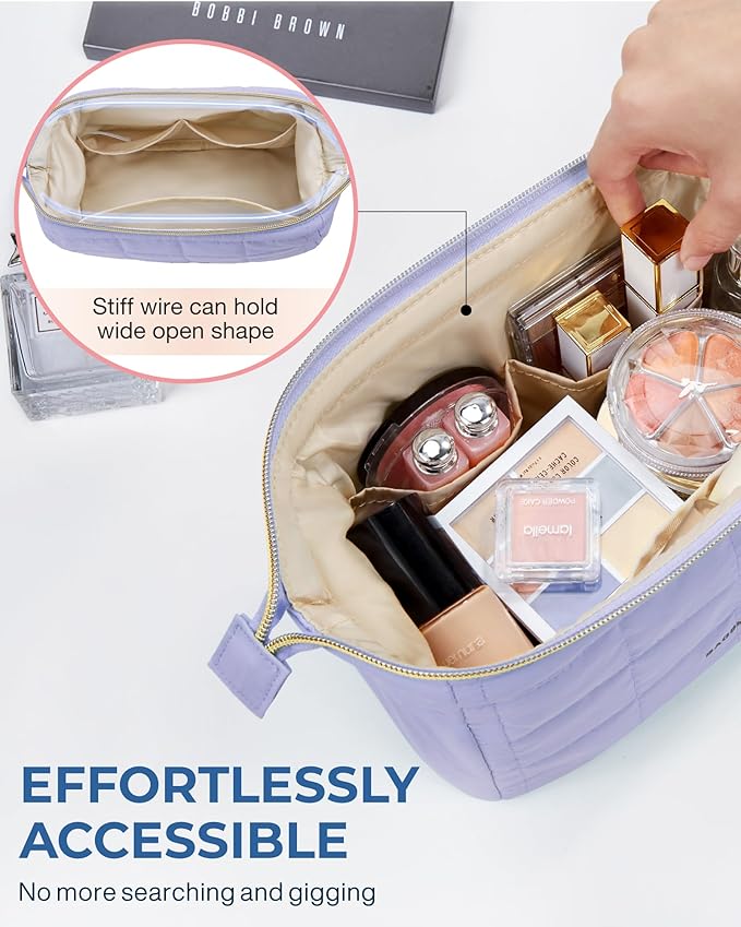 BAGSMART Makeup Bag Cosmetic Bag Wide Open, Purple, M, Wide-open Travel Makeup Bag With Puffy Padded and Rectangular Quilted