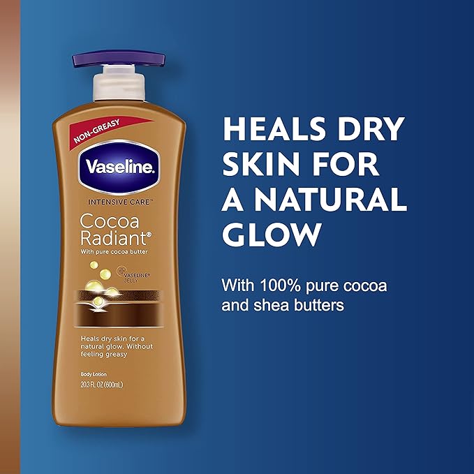 Vaseline Intensive Care Cocoa Radiant Lotion, 20.3 oz Bundled with Moisturizing Healing Jelly Butter, 7.5 and Shimmer Stick, 1.4 oz, Moisturized Skin Light Butter Scent