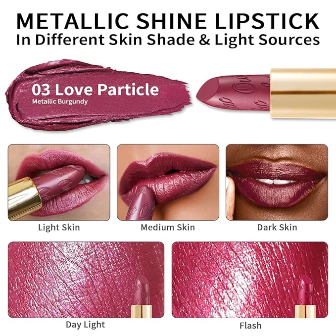 Oulac Burgundy Lipstick for Women with Metallic 3D Shine Lightweight Hydrating Formula, High Impact Lip Color, Vegan Beauty, Full Coverage Lip Makeup, Christmas Gifts for Women, Love Particle(03)