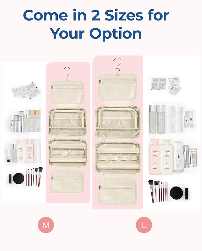 BAGSMART Travel Toiletry Bag with Jewelry Organizer, Hanging Travel Bag for Toiletries, Puffy Makeup Cosmetic Bag Organizer, Carry-on Travel Accessories Essentials, Beige-M