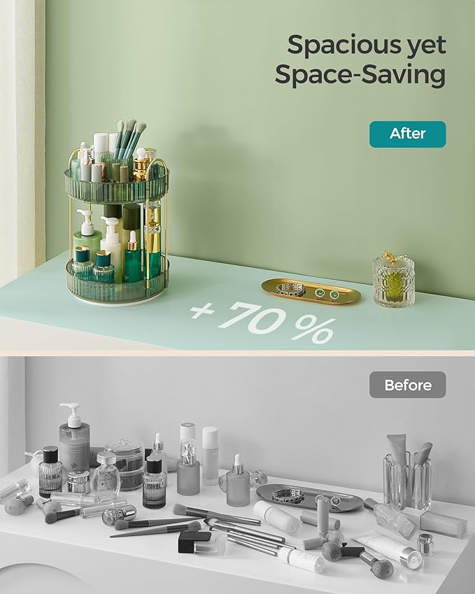 SONGMICS Makeup Organizer, 2-Tier Round Rotating Skincare Organizer Countertop, Customizable, Toiletries Vanity Organizer, Lazy Susan, Gift, Pale Green UJKA012C01