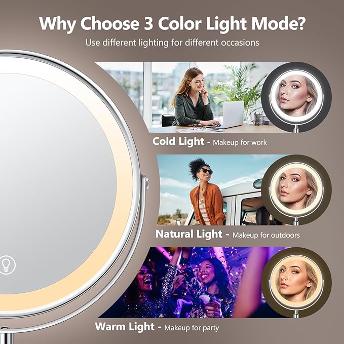 Lighted Makeup Mirror, Rechargeable Height Adjustable Double Sided, 1x/10x Magnifying with 3 Color, Brightness Adjustable, 360° Rotation Vanity, Gift for Women