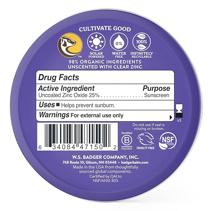 Badger Biodegradable Sunscreen in Metal Tin, SPF 50 Zinc Oxide Sunscreen with 98% Organic Ingredients, Reef Safe, Broad Spectrum, Water Resistant, Unscented, 2.4 oz (2 Pack)