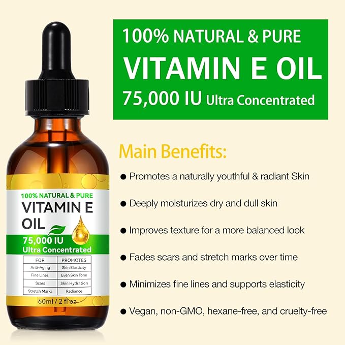 Natural Vitamin E Oil for Skin, 75,000 IU Ultra Concentrated Vitamin E Oil for Face, Hair and Scars, Moisturizing Dry Skin Oils, Promotes Skin Elasticity, 2Fl Oz
