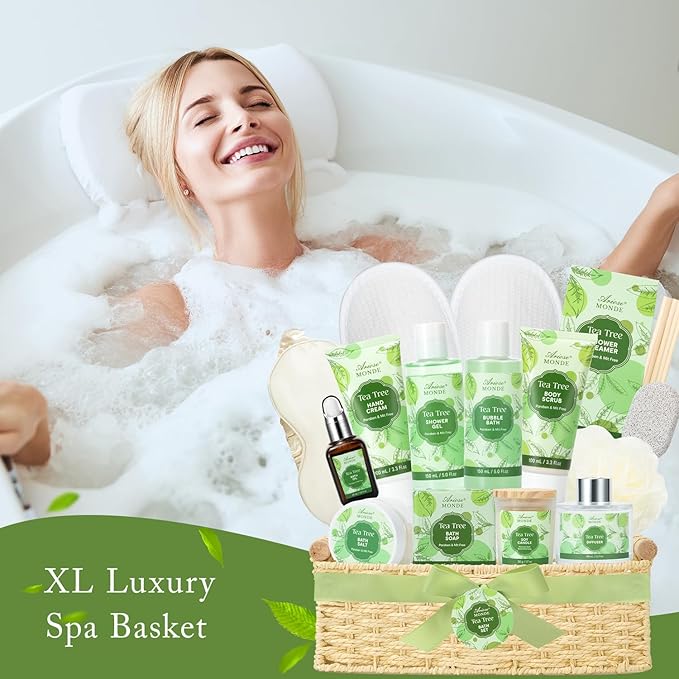 Spa Gift Basket - Tea Tree Bath Set With Shower Gel, Bubble Bath, Hand Cream, Soap, Salt, Essential Oil - Luxury Body Gift Kit for Women