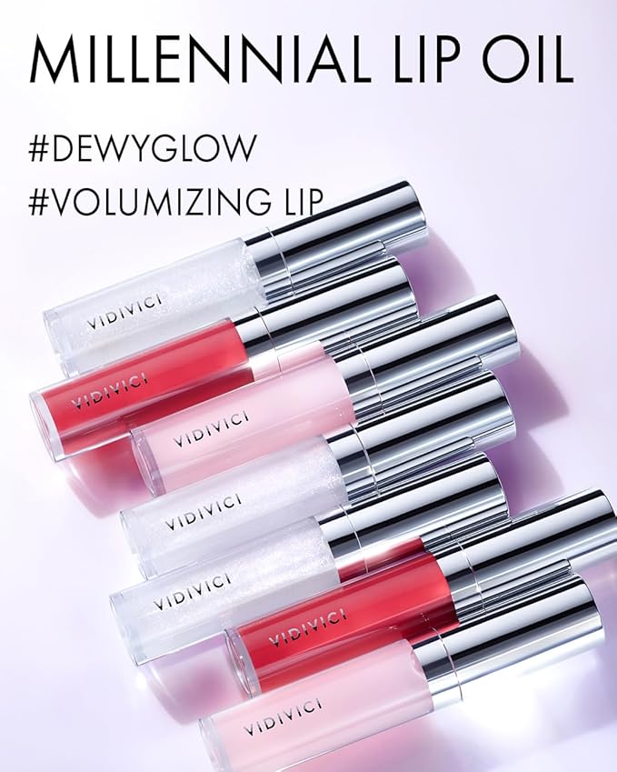 VIDIVICI Millennial Lip Oil #01 Luv Me Clear - Non-Sticky Dewy Gloss for Moisturized & Voluminous Lips - Overnight Lip Masks & Lip Sleeping Mask for Day & Night Use, 0.12 fl.oz.