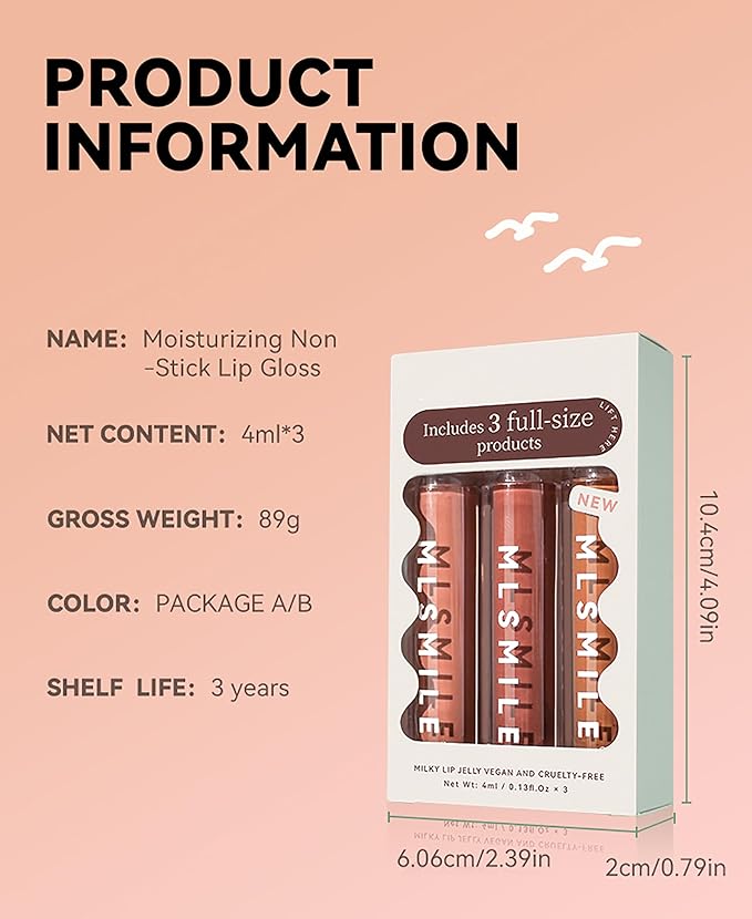 3Pcs Lip Gloss Collection Makeup Set, Shimmery Smooth Lip Glosses for for Girls Women, Soft Liquid Long Lasting Lip Glosses Set with Rich Varied Colors 01