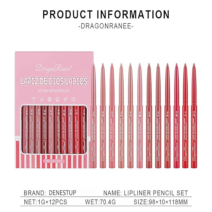 12 Colors Lip Liner Combo, Matte Lipstick Lip Liner Set, long-lasting Lip Pencil Waterproof & Non-Stick Cup, Smooth Texture High Pigmented Natural Lip Pen Makeup Gift