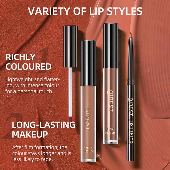 QiBest 3-in-1 Lipstick Set for Women & Teen Girls, Matte Liquid Lipstick + Lip Gloss + Gel Lip Liner Pencil Trio Lip Gift Kit for 24 Hours Long Lasting & Waterproof Lip Makeup (Whiskey Honey)
