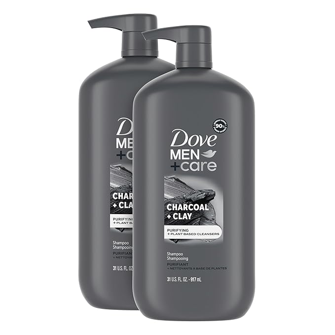 DOVE MEN + CARE Purifying Shampoo Charcoal + Clay 2 Pk for Stronger, More Resilient Hair, with Plant-Based Cleansers, 31 oz