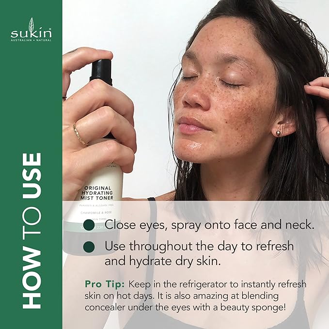 Sukin Organics Hydrating Mist Toner, Rosewater Facial Mist Spray, Refreshing Skin Care Routine for Face & Neck, Suitable for All Skin Types, 4.23 Fl Oz