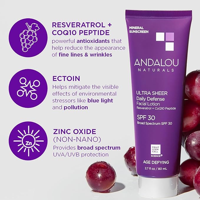 Andalou Naturals Age Defying Face Sunscreen, SPF 30 Zinc Oxide Mineral Sunscreen, Ultra Sheer Daily Defense Face Lotion, Helps Hydrate Skin, Gentle & Lightweight - 2.7 Fl. Oz.