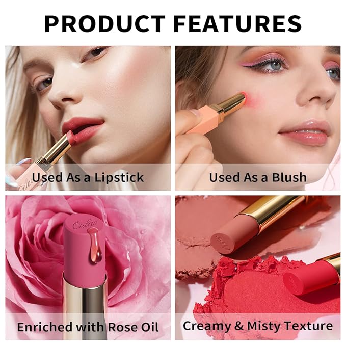 Oulac Creamy Matte Lipstick for Women, Lipstick & Blush Duo, Magenta Soft Satin Finish Lipsticks with Moisturising Formula, Rich Color Lightweight Lip Balm, Rose Oil,Vegan & Cruelty-Free| 3.6g (Y03)