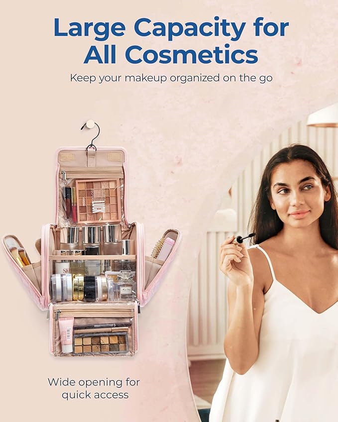 BAGSMART Makeup Bag for Women with Hanging Hook, Large Portable Capacity Water-resistant Organizer Travel Case for Toiletries and Cosmetics, Pink