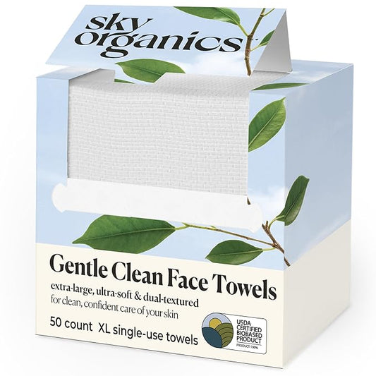 Sky Organics - Gentle Clean Face Towels (1-Pack) - 50 XL Single-Use Face Wipes - Ultra Soft & Dual Textured - Disposable Towel - Makeup Remover Wipes - Cruelty Free - Skin Care Tools - Self Care