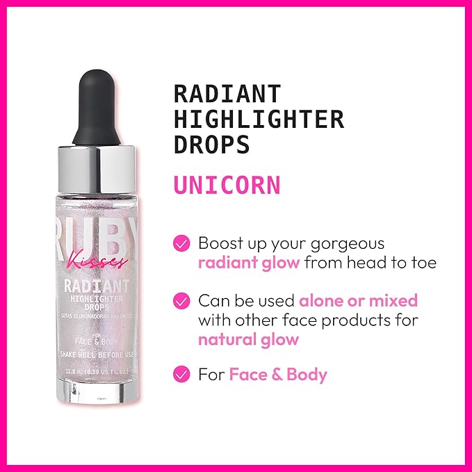 Ruby Kisses Radiant Drops, Shimmer Liquid Highlighter Makeup, Skin (UNICORN)