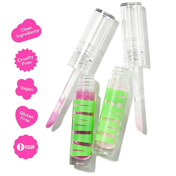 YAWN Lip Gloss Duo | High-Shine Gloss | Soothing Sunflower Seed Oil | Non-Toxic, Cruelty Free, Vegan | Makeup for Kids, Tweens and Teens | Made in USA | Crystal and Purple Gem