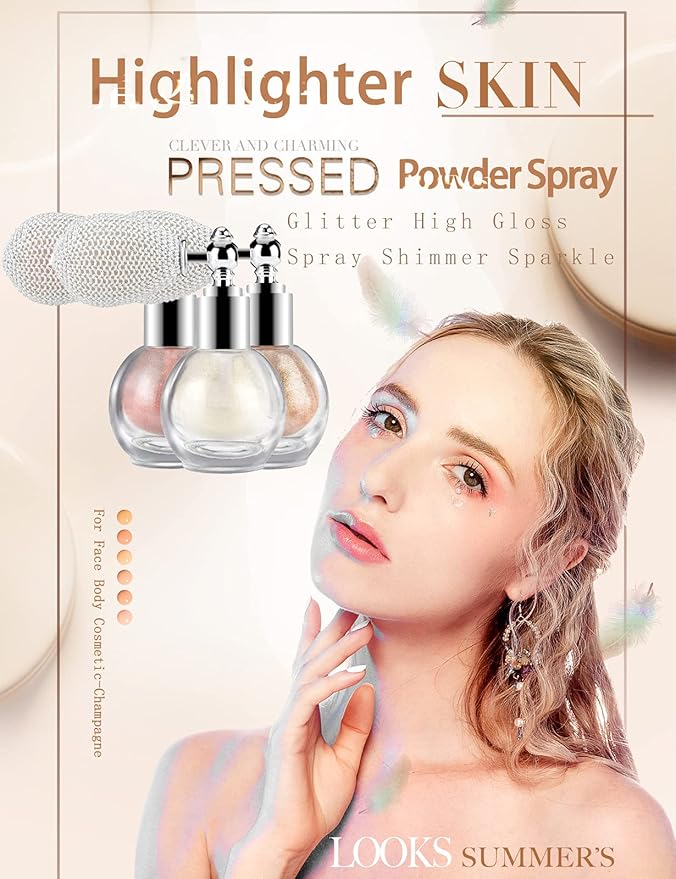 Highlighter Powder Spray, Ksndurn Malt Gold Glitter High Gloss Spray - Shimmer Sparkle Powder Makeup Spray