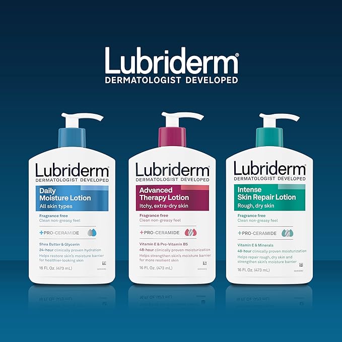 Lubriderm Advanced Therapy Fragrance-Free Moisturizing Lotion with Vitamins E and Pro-Vitamin B5, Intense Hydration for Extra Dry Skin, Non-Greasy Formula, Pack of Three, 3 x 24 fl. oz