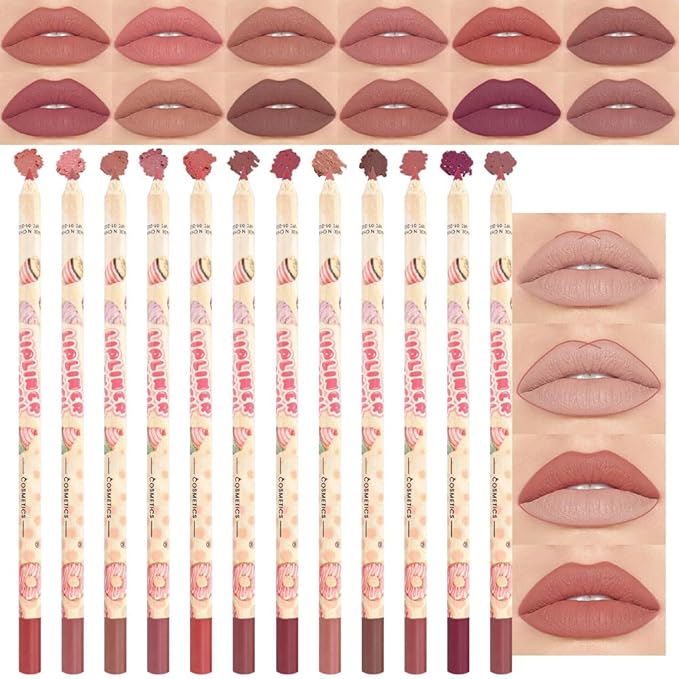 12 Colors Lip Liner Pencils Pack Set,12Pcs Natural Nude Brown Lipliner Bundle, Creamy Matte Labiales, Cool Tone Neutral Pink for Lip Makeup-set15