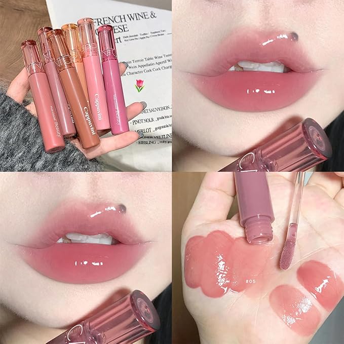 6 PCS Hydrating Plumping Lip Gloss Tinted Lip Balm Set,Mirror Liquid Water Glow Lipstick,Long Lasting Waterproof Moisturizing Shimmer Jelly Lip Glaze