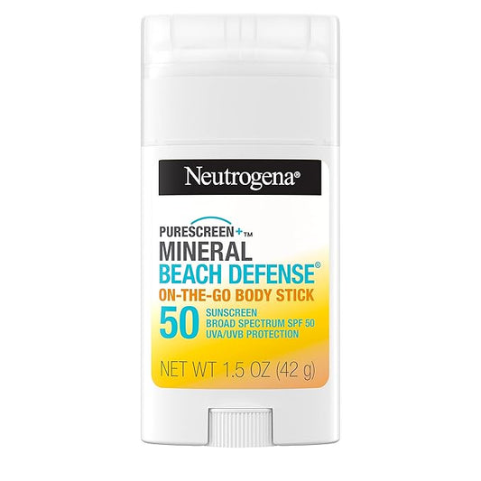 Neutrogena Purescreen+ Mineral Beach Defense On-The-Go Body Sunscreen Stick with Broad Spectrum SPF 50, Water Resistant UVA/UVB Protection, Absorbs Quickly & Dries Clear, 1.5 oz