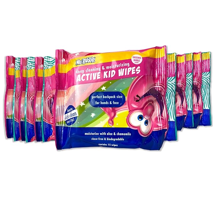 Mr. Bubble Moisturizing Kids Gentle Face and Hand Wipes, Travel Size Biodegradable Deep Cleaning Towelettes Made with Hydrating Aloe Vera and Chamomile (Pack of 12 Pouches, 15 Wipes Each)