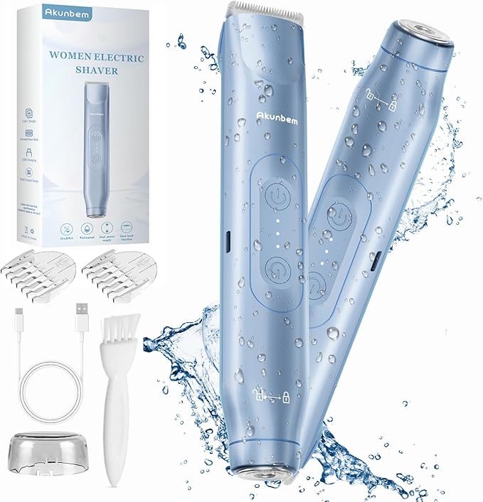 2 in 1 Women Electric Shaver Dual Head Bikini Trimmer for Women IPX7 Waterproof Wet & Dry Use Body Hair Trimmer and Facial Hair Remover for Bikini Underarm Leg Arm Body Face, Blue