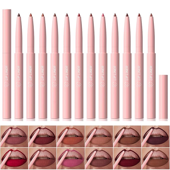 12 Colors Retractable Lip Liner Kit for Define & Sculpting Lips Shades, Long Lasting Waterproof High Pigment Matte Finish Creamy Texture Lip Liner Pencil Set for Women