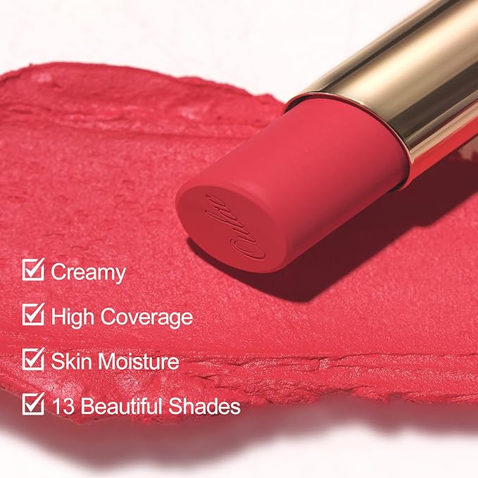 Oulac Coral Red Creamy Matte Lipstick, Soft Satin Finish Lipsticks for Women with Moisturising Formula, Rich Color, Highly Pigmented Enriched with Rose Oil, Vegan & Cruelty-Free| 3.6g (Y02)